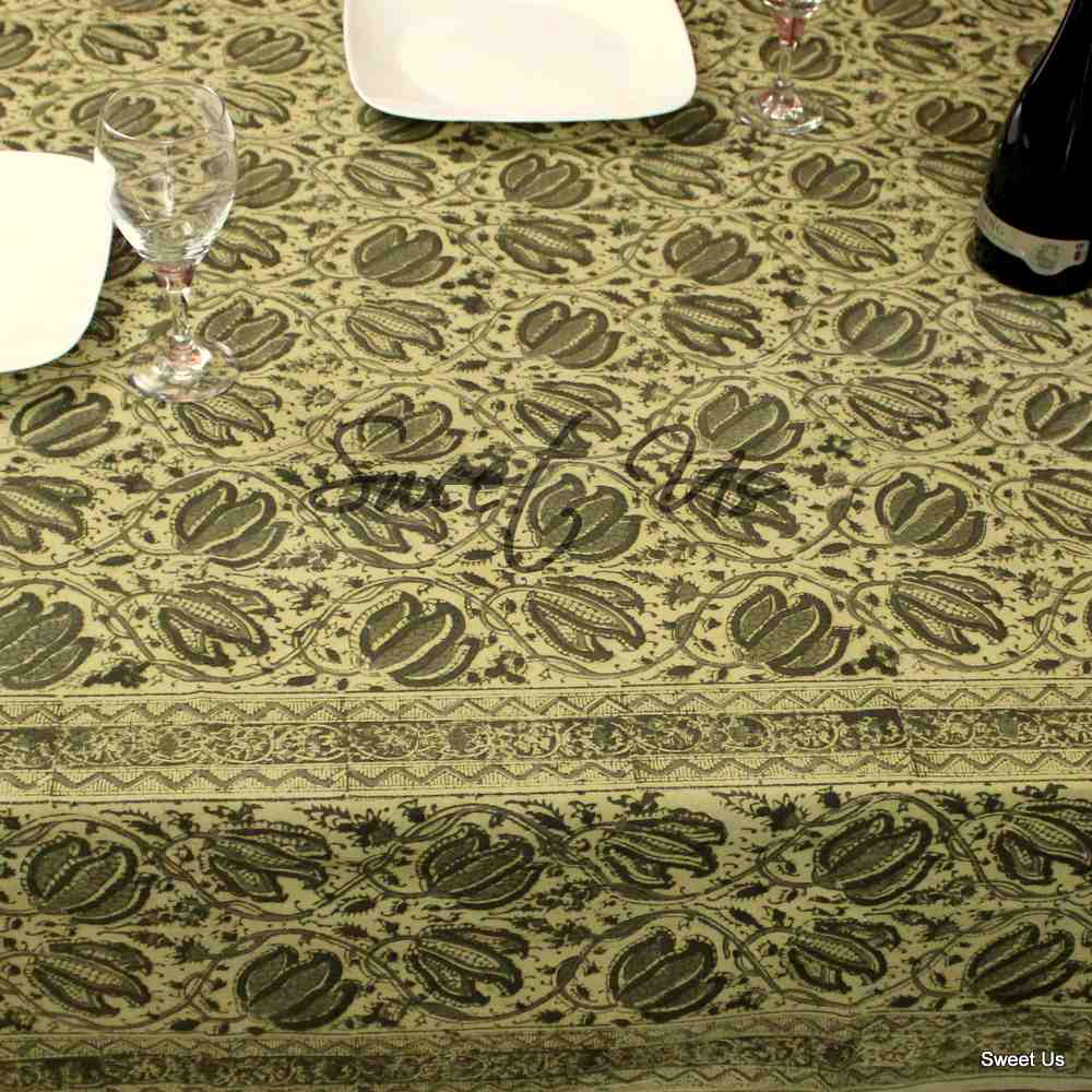 Cotton Vegetable Dye Hand Block Print Floral Tablecloth Rectangle Green Beige