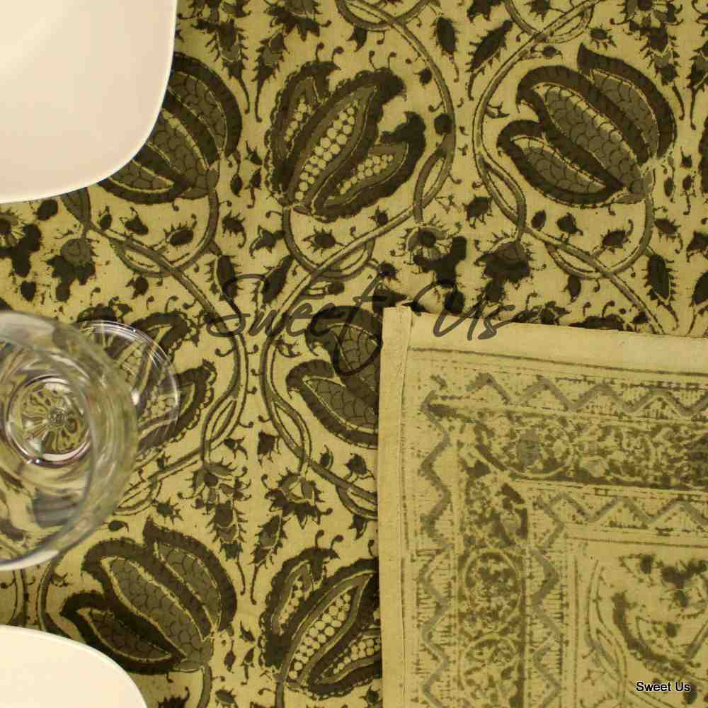 Cotton Vegetable Dye Hand Block Print Floral Tablecloth Rectangle Green Beige