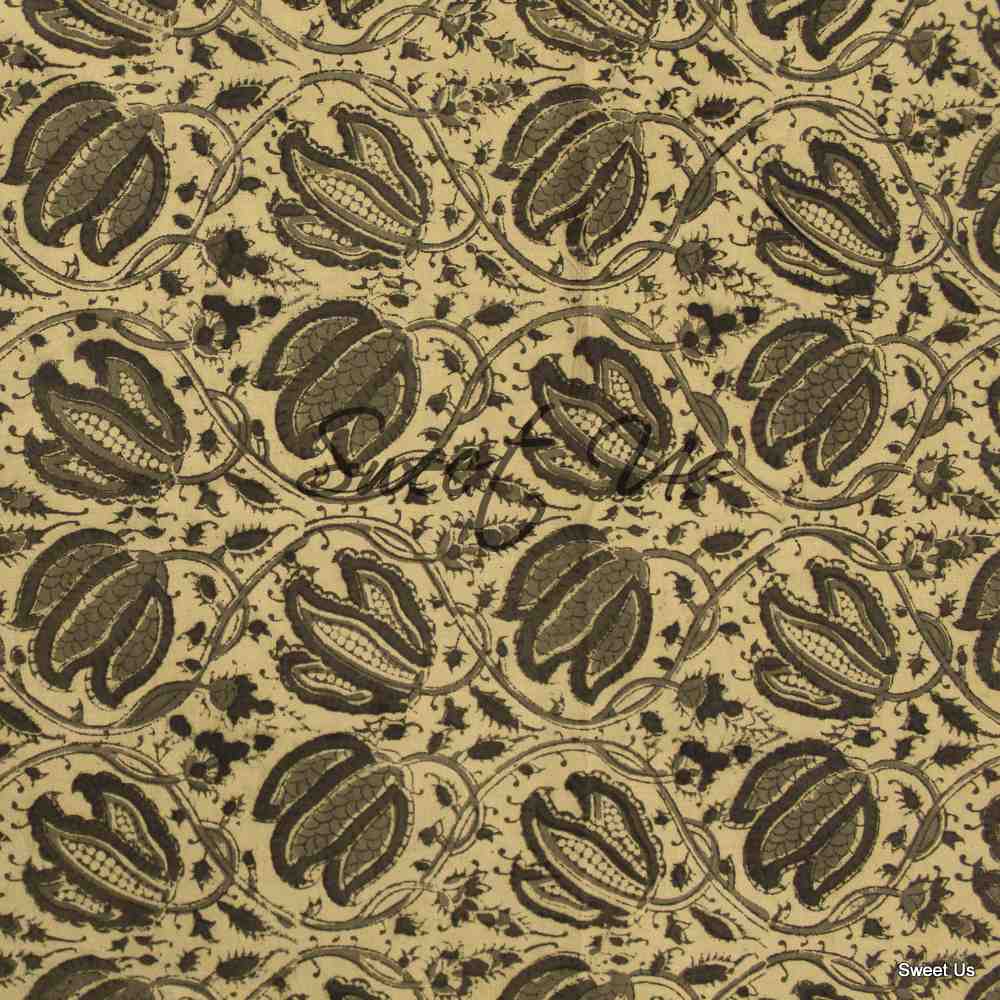 Cotton Vegetable Dye Hand Block Print Floral Tablecloth Rectangle Green Beige