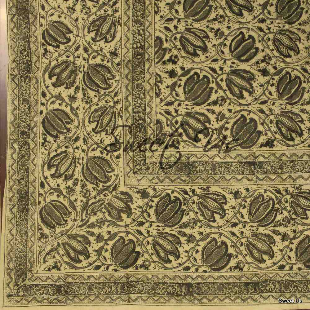 Cotton Vegetable Dye Hand Block Print Floral Tablecloth Rectangle Green Beige