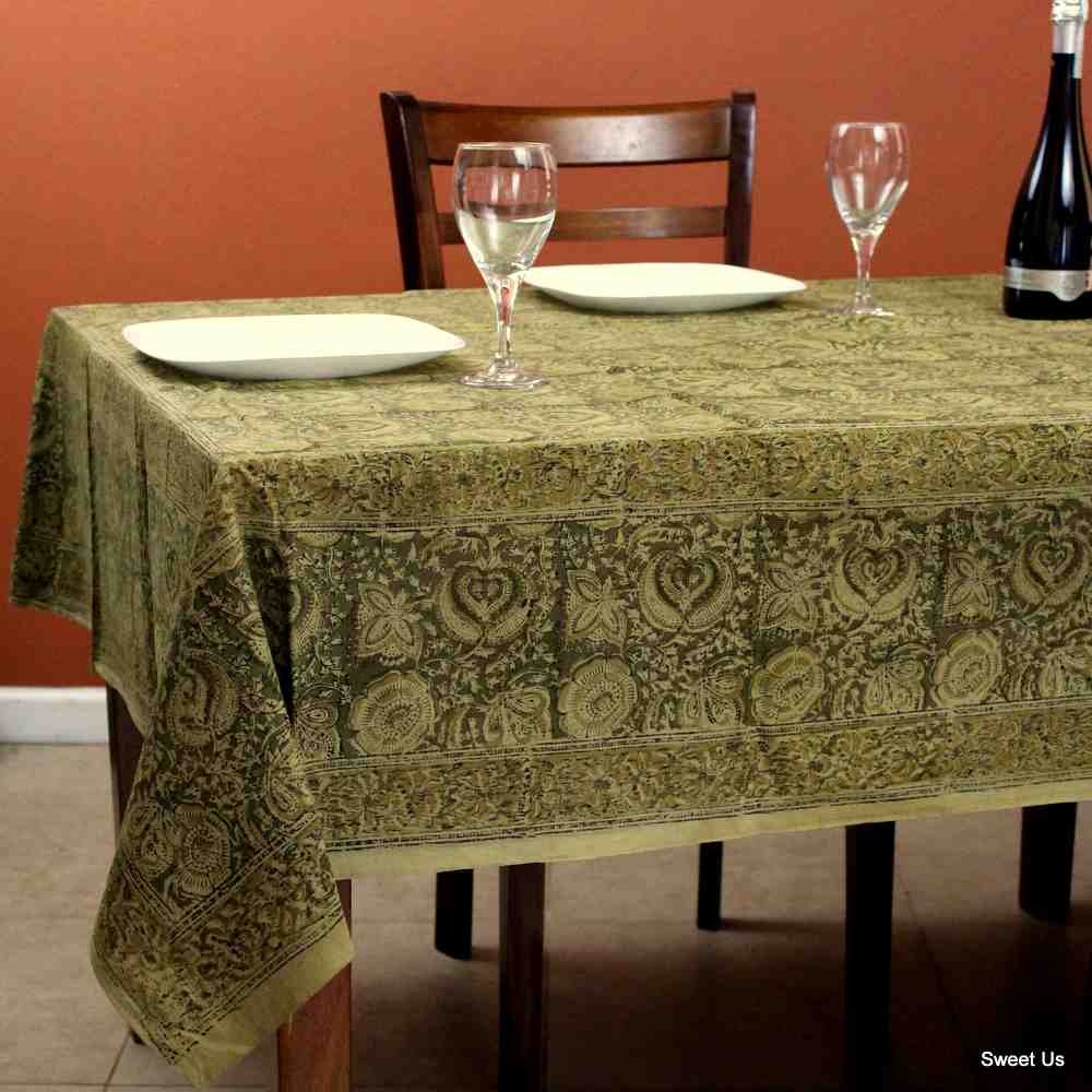 Cotton Vegetable Dye Hand Block Print Tablecloth Rectangle Green Gold Beige