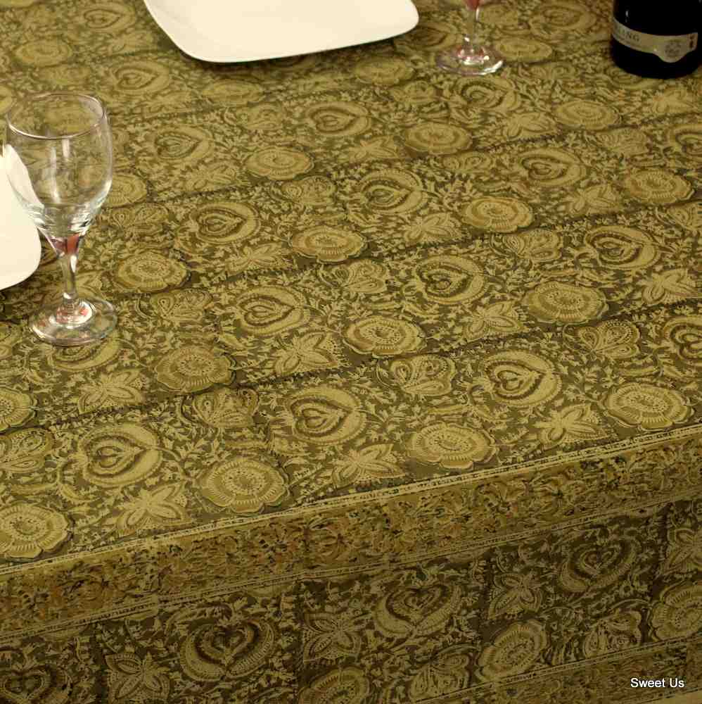 Cotton Vegetable Dye Hand Block Print Tablecloth Rectangle Green Gold Beige