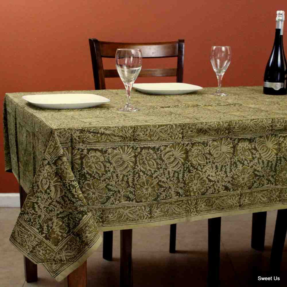 Cotton Vegetable Dye Hand Block Print Tablecloth Rectangle Green Gold Beige