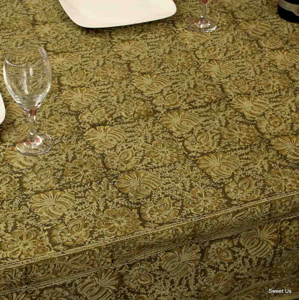 Cotton Vegetable Dye Hand Block Print Tablecloth Rectangle Green Gold Beige