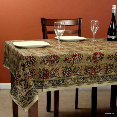 Cotton Vegetable Dye Hand Block Print Tablecloth Rectangle Red Gold Blue