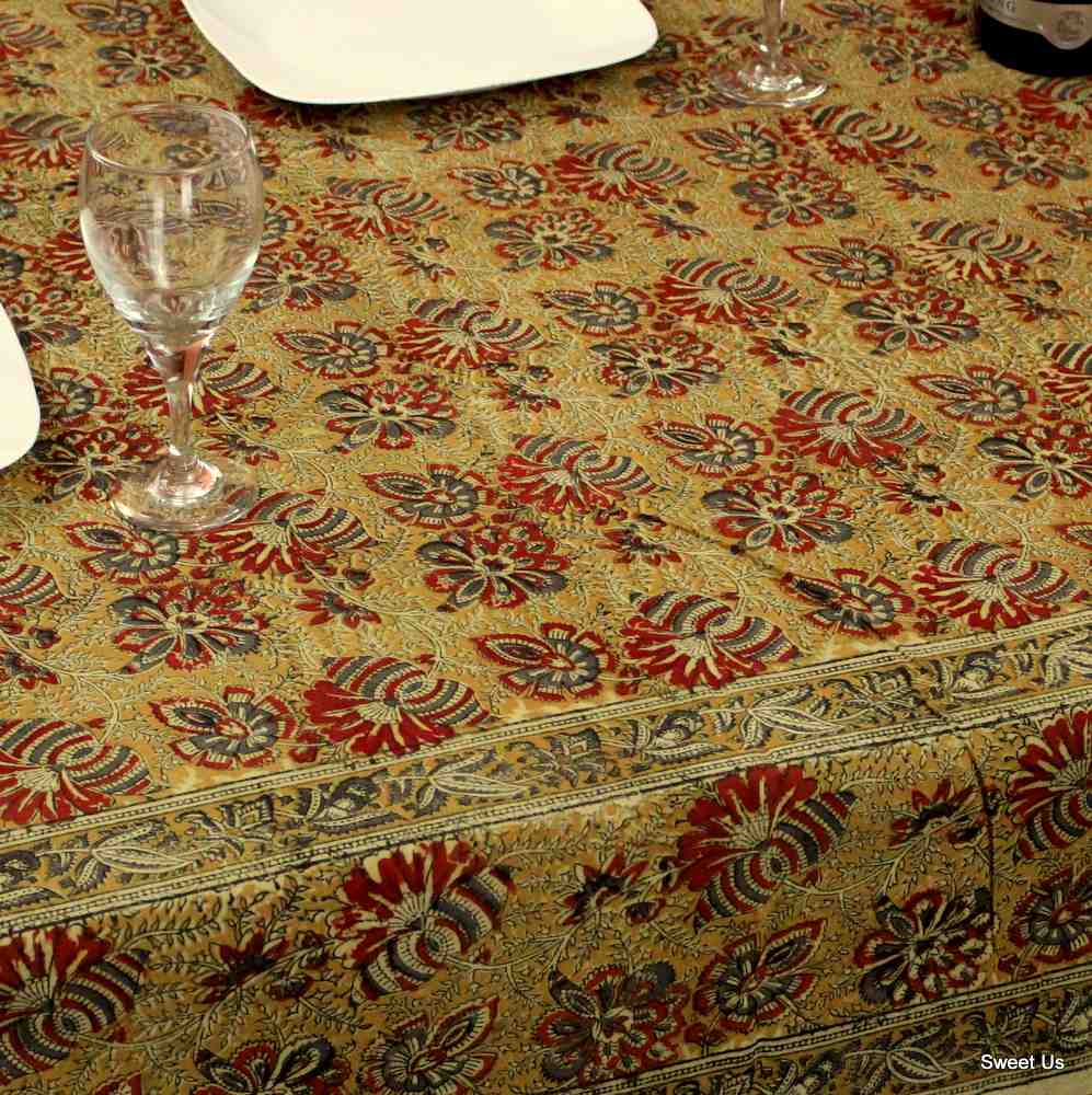 Cotton Vegetable Dye Hand Block Print Tablecloth Rectangle Red Gold Blue