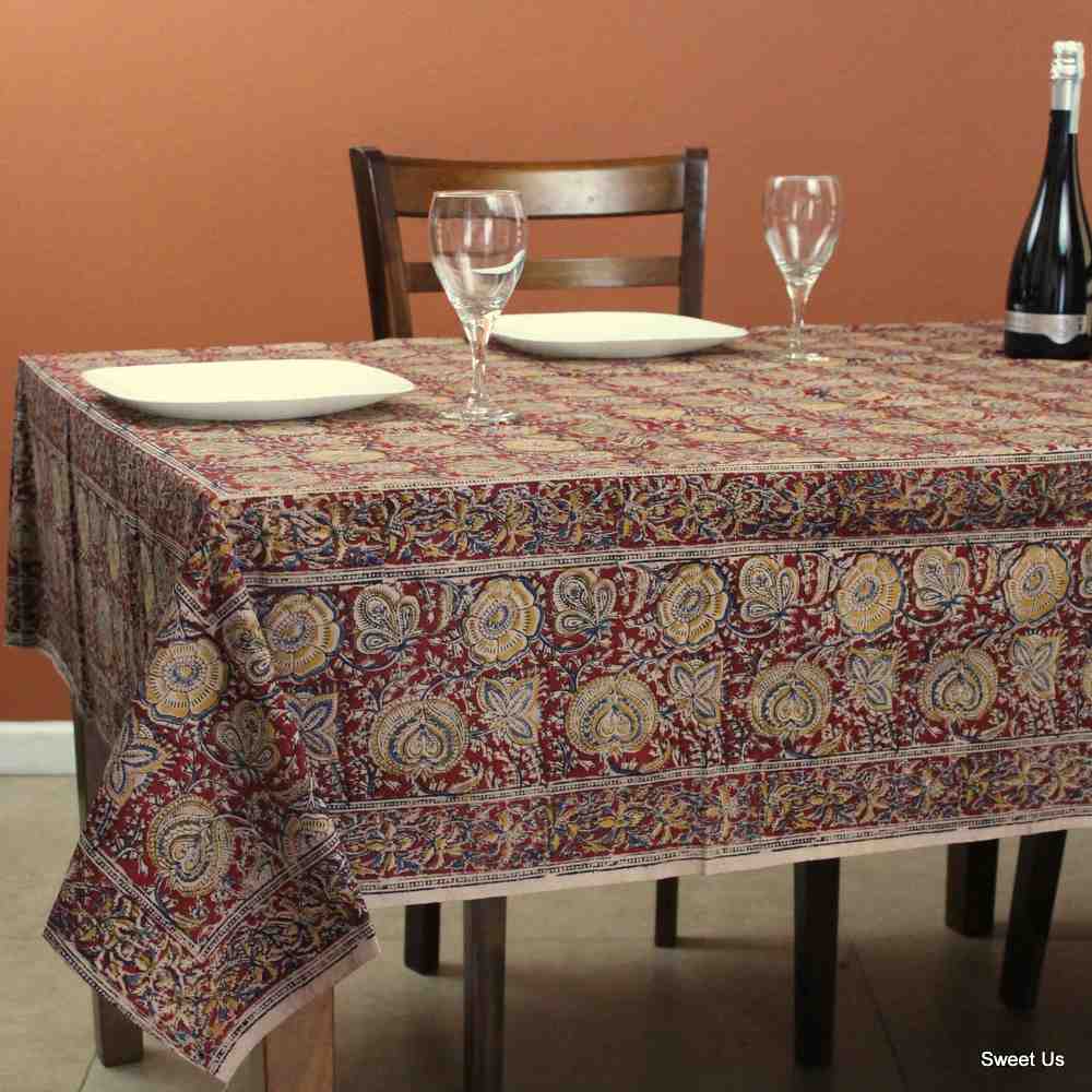 Cotton Vegetable Dye Hand Block Print Tablecloth Rectangle Red Gold Blue