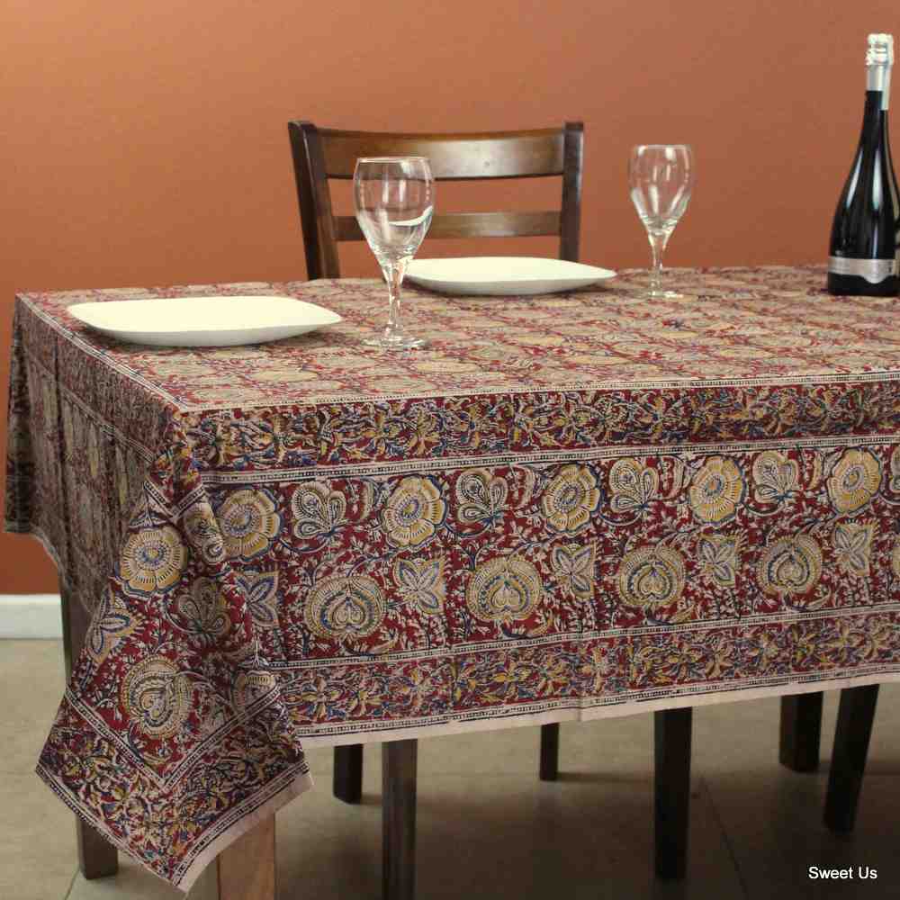 Cotton Vegetable Dye Hand Block Print Tablecloth Rectangle Red Gold Blue