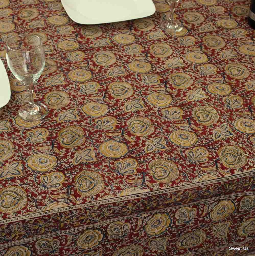 Cotton Vegetable Dye Hand Block Print Tablecloth Rectangle Red Gold Blue