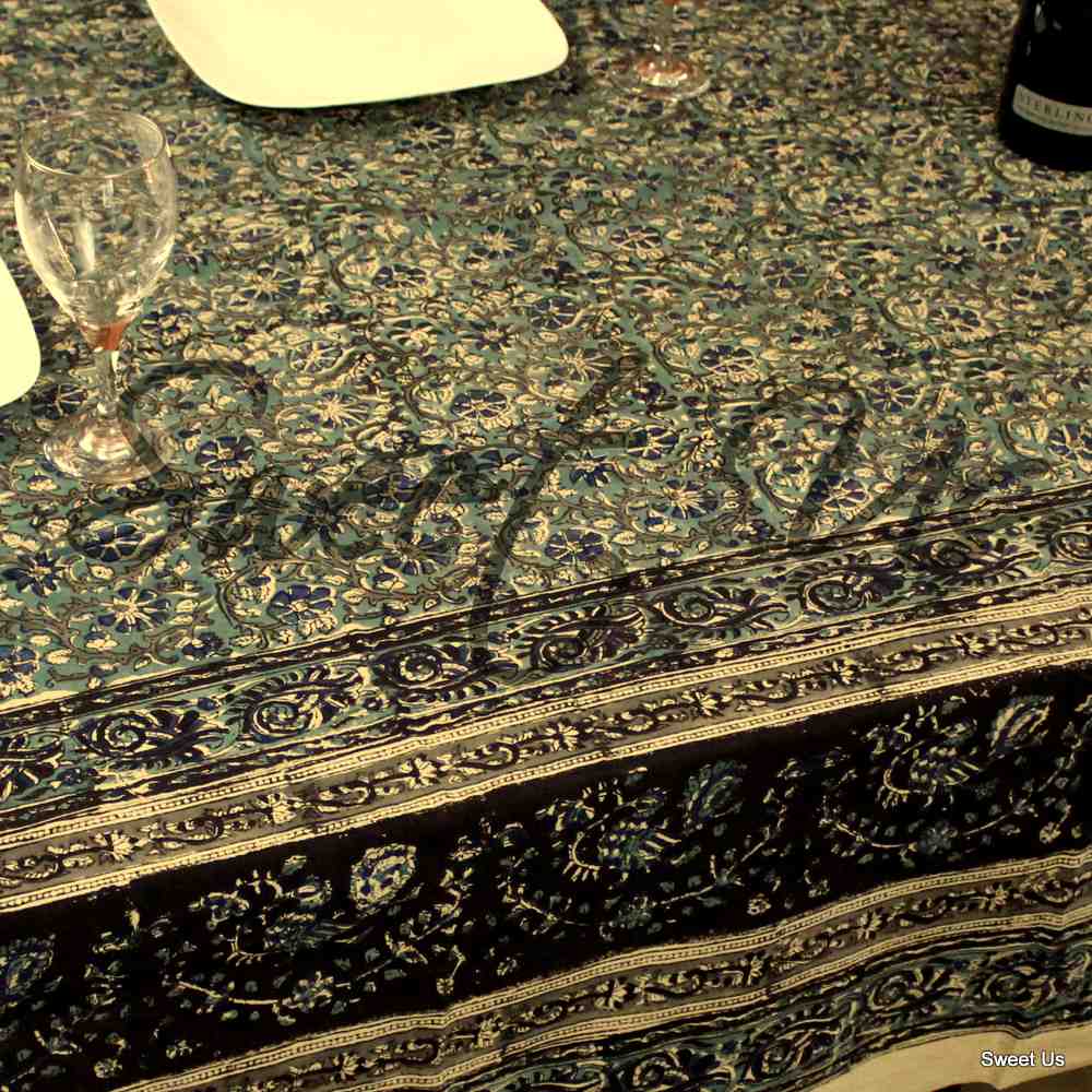 Cotton Vegetable Dye Hand Block Print Tablecloth Rectangle Blue Black Beige