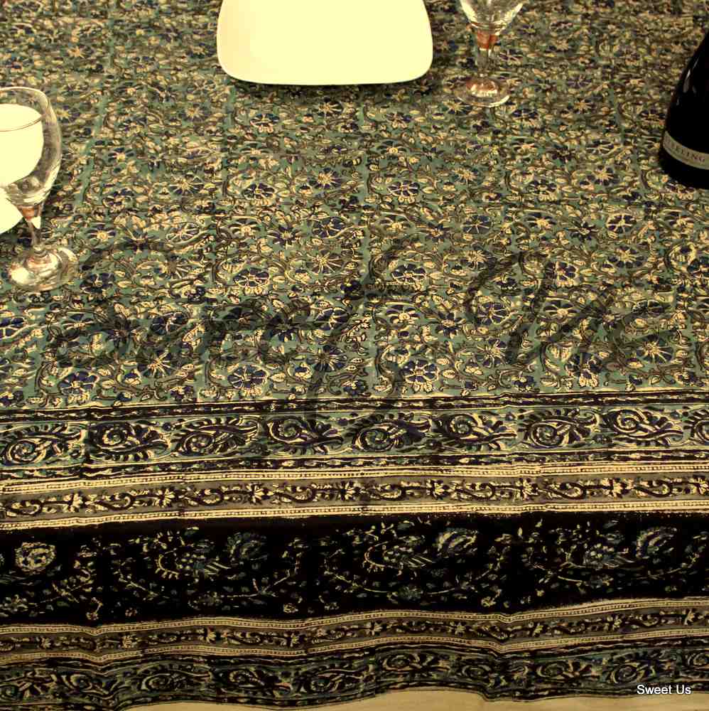 Cotton Vegetable Dye Hand Block Print Tablecloth Rectangle Blue Black Beige