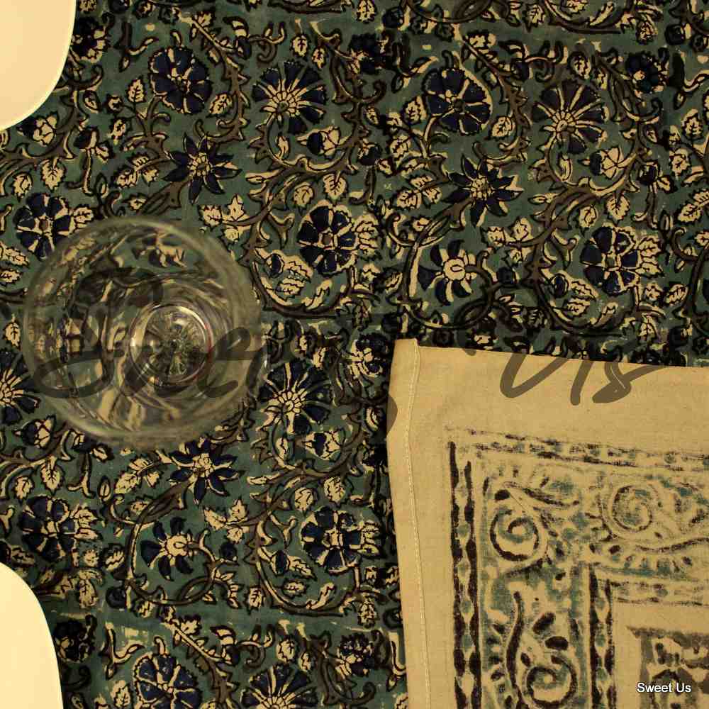 Cotton Vegetable Dye Hand Block Print Tablecloth Rectangle Blue Black Beige