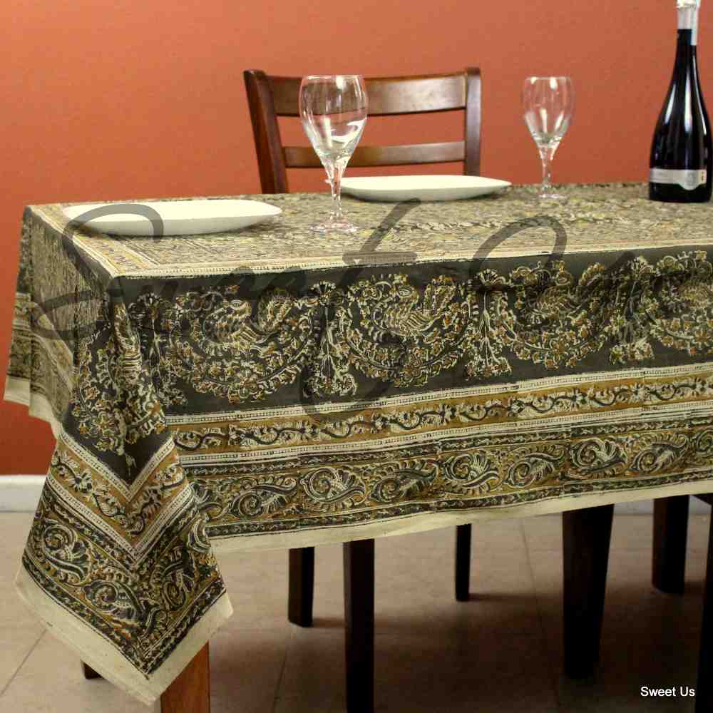 Cotton Vegetable Dye Hand Block Print Tablecloth Rectangle Green Gold Beige