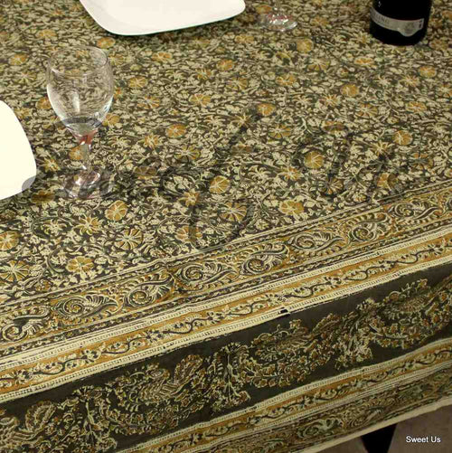 Cotton Vegetable Dye Hand Block Print Tablecloth Rectangle Green Gold Beige - Sweet Us