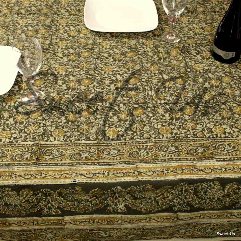Cotton Vegetable Dye Hand Block Print Tablecloth Rectangle Green Gold Beige