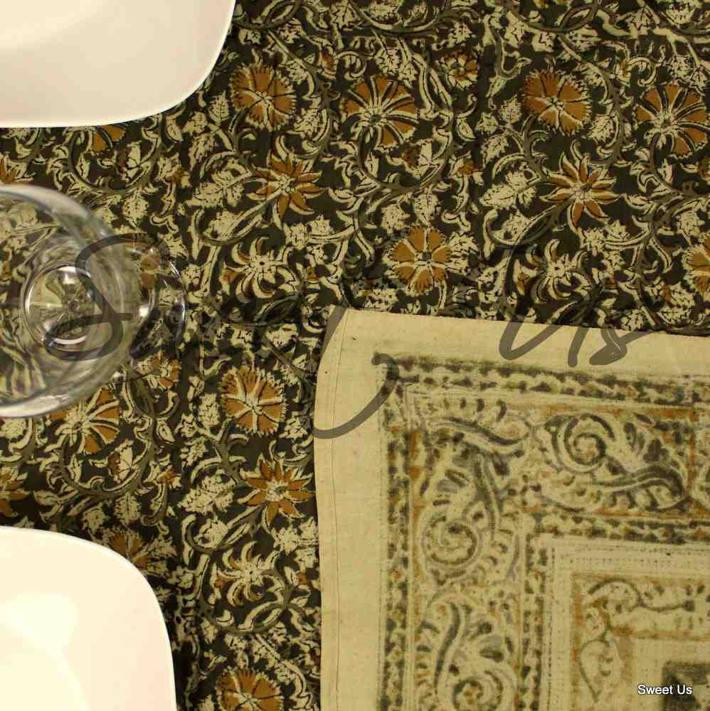 Cotton Vegetable Dye Hand Block Print Tablecloth Rectangle Green Gold Beige