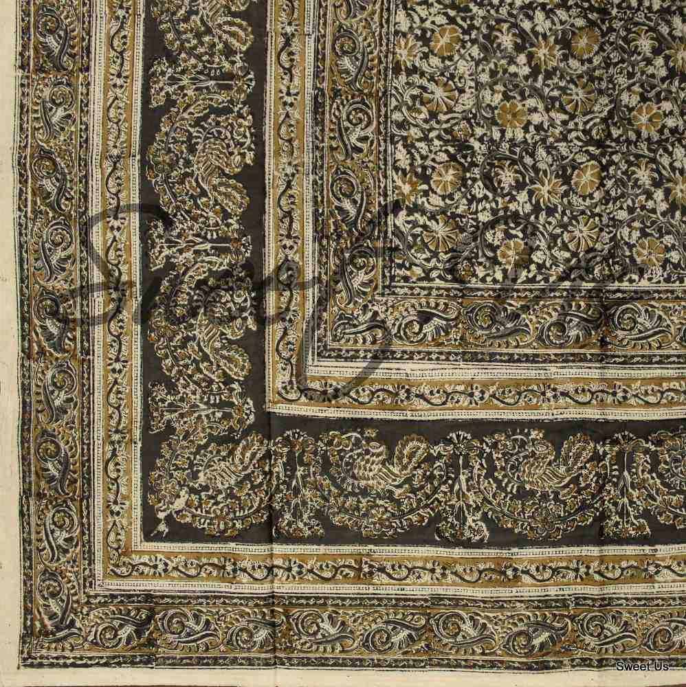 Cotton Vegetable Dye Hand Block Print Tablecloth Rectangle Green Gold Beige