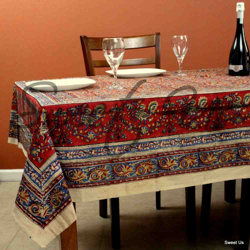 Cotton Vegetable Dye Hand Block Print Tablecloth Rectangle Red Gold Beige