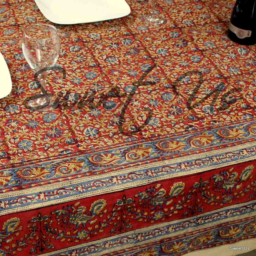 Cotton Vegetable Dye Hand Block Print Tablecloth Rectangle Red Gold Beige