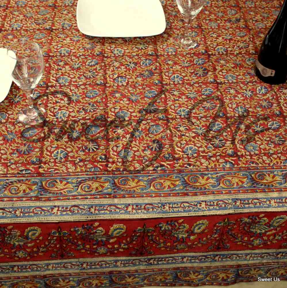 Cotton Vegetable Dye Hand Block Print Tablecloth Rectangle Red Gold Beige