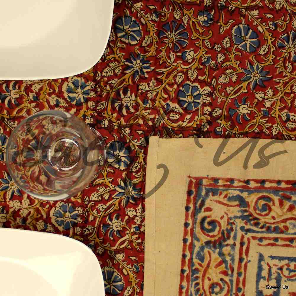 Cotton Vegetable Dye Hand Block Print Tablecloth Rectangle Red Gold Beige