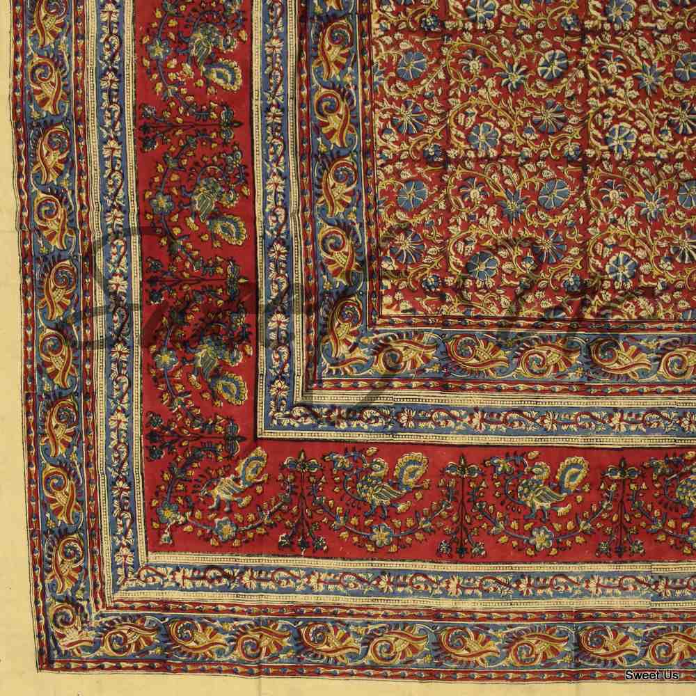 Cotton Vegetable Dye Hand Block Print Tablecloth Rectangle Red Gold Beige
