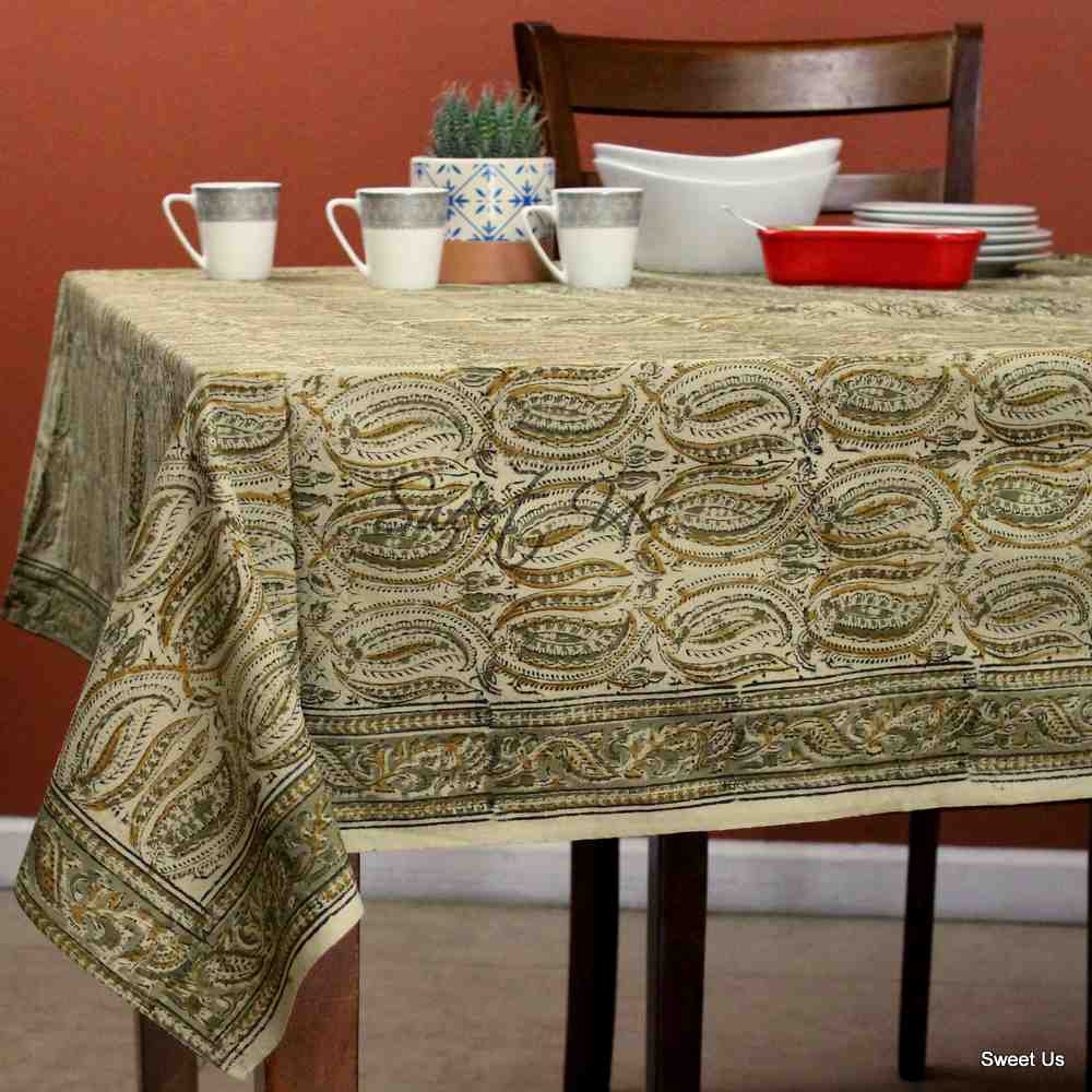 Cotton Vegetable Dye Hand Block Print Tablecloth Rectangle Green Gold Beige