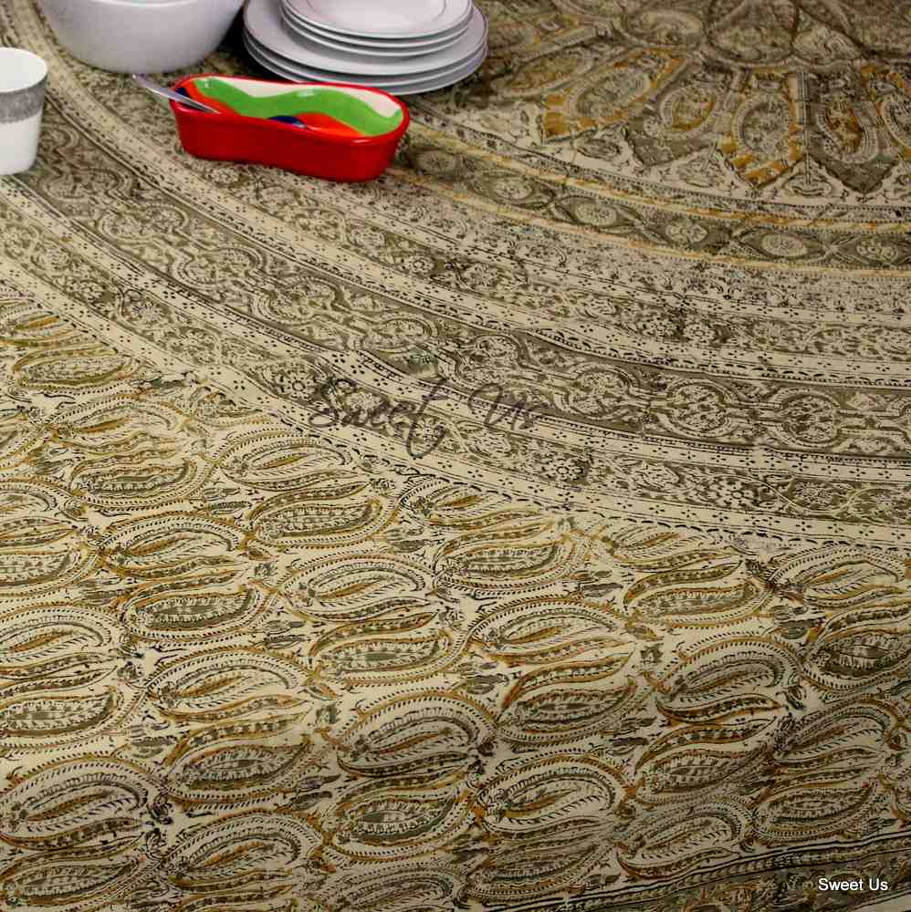 Cotton Vegetable Dye Hand Block Print Tablecloth Rectangle Green Gold Beige