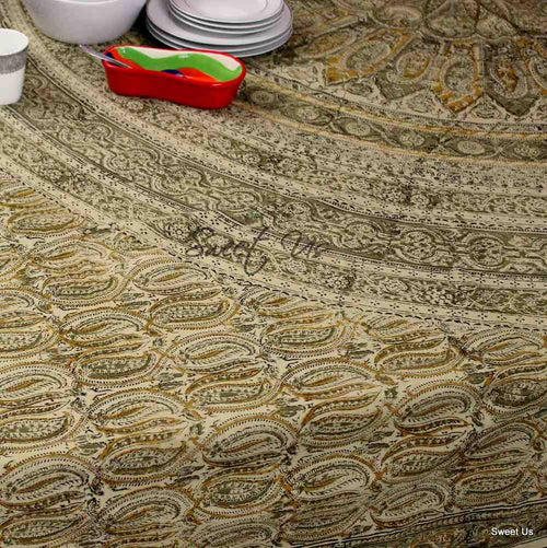 Cotton Vegetable Dye Hand Block Print Tablecloth Rectangle Green Gold Beige - Sweet Us