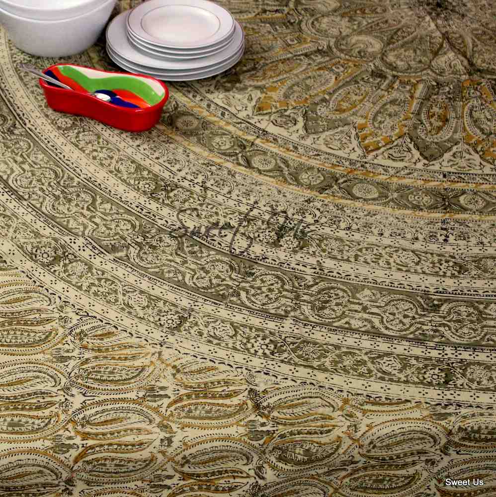 Cotton Vegetable Dye Hand Block Print Tablecloth Rectangle Green Gold Beige