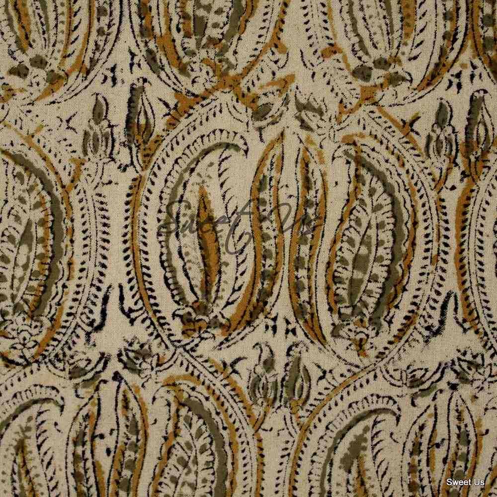 Cotton Vegetable Dye Hand Block Print Tablecloth Rectangle Green Gold Beige