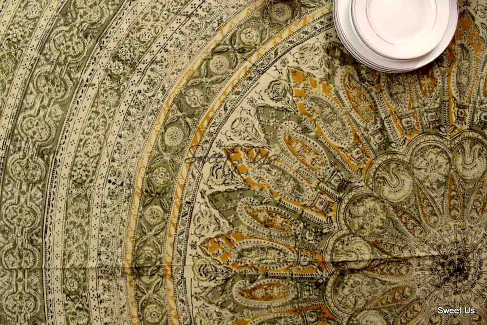 Cotton Vegetable Dye Hand Block Print Tablecloth Rectangle Green Gold Beige