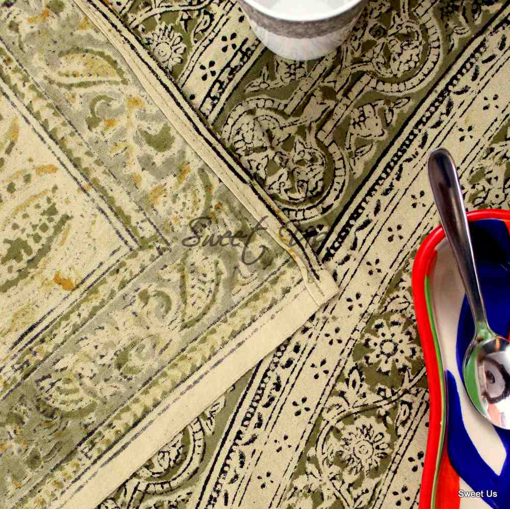 Cotton Vegetable Dye Hand Block Print Tablecloth Rectangle Green Gold Beige