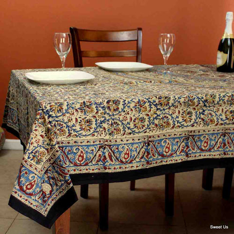 Vintage Paisley Cotton Block Print Floral Tablecloth Rectangle, Cobalt Haven