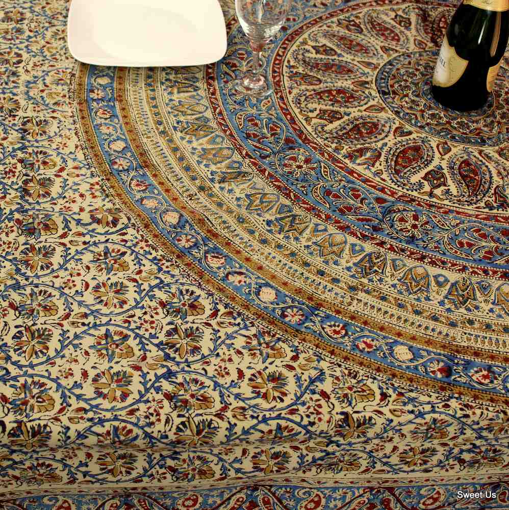 Vintage Paisley Cotton Block Print Floral Tablecloth Rectangle, Cobalt Haven