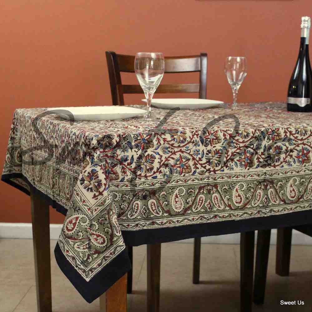 Vintage Paisley Cotton Block Print Floral Tablecloth Rectangle, Jade Oasis