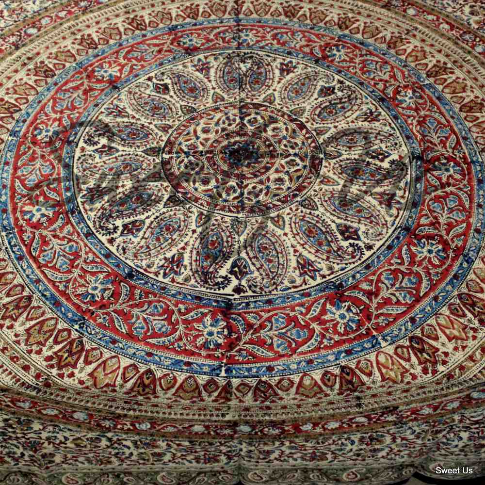 Vintage Paisley Cotton Block Print Floral Tablecloth Rectangle, Jade Oasis