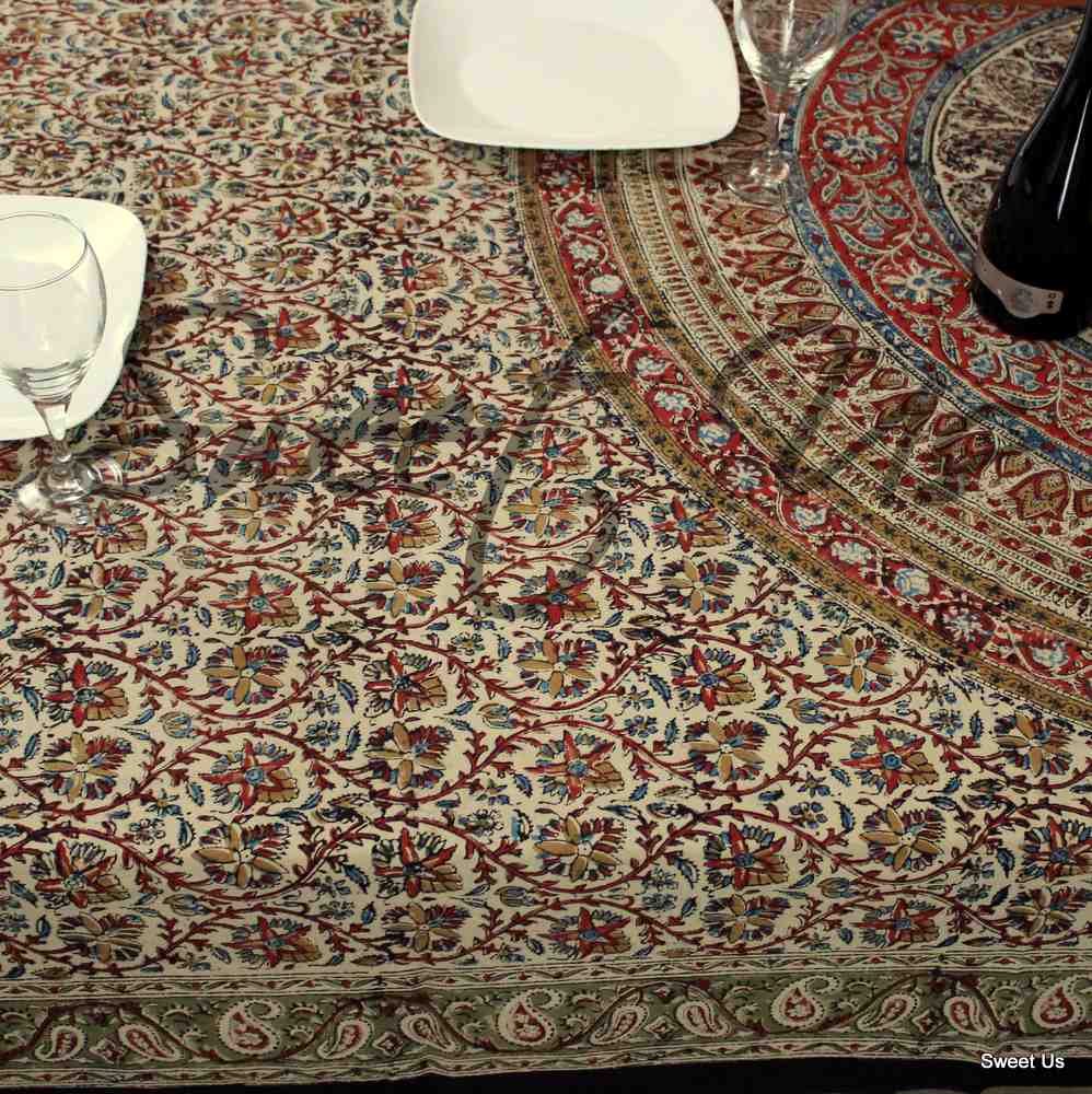 Vintage Paisley Cotton Block Print Floral Tablecloth Rectangle, Jade Oasis