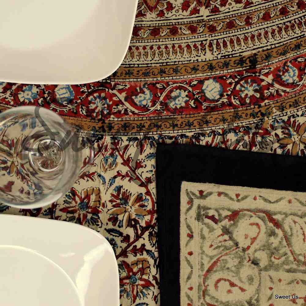 Vintage Paisley Cotton Block Print Floral Tablecloth Rectangle, Jade Oasis