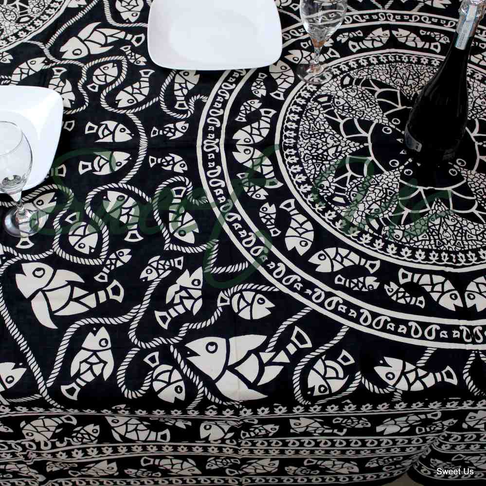 Cotton Marine Fish Print Tablecloth Rectangle Tapestry Wall Hang Bed Sheet Queen