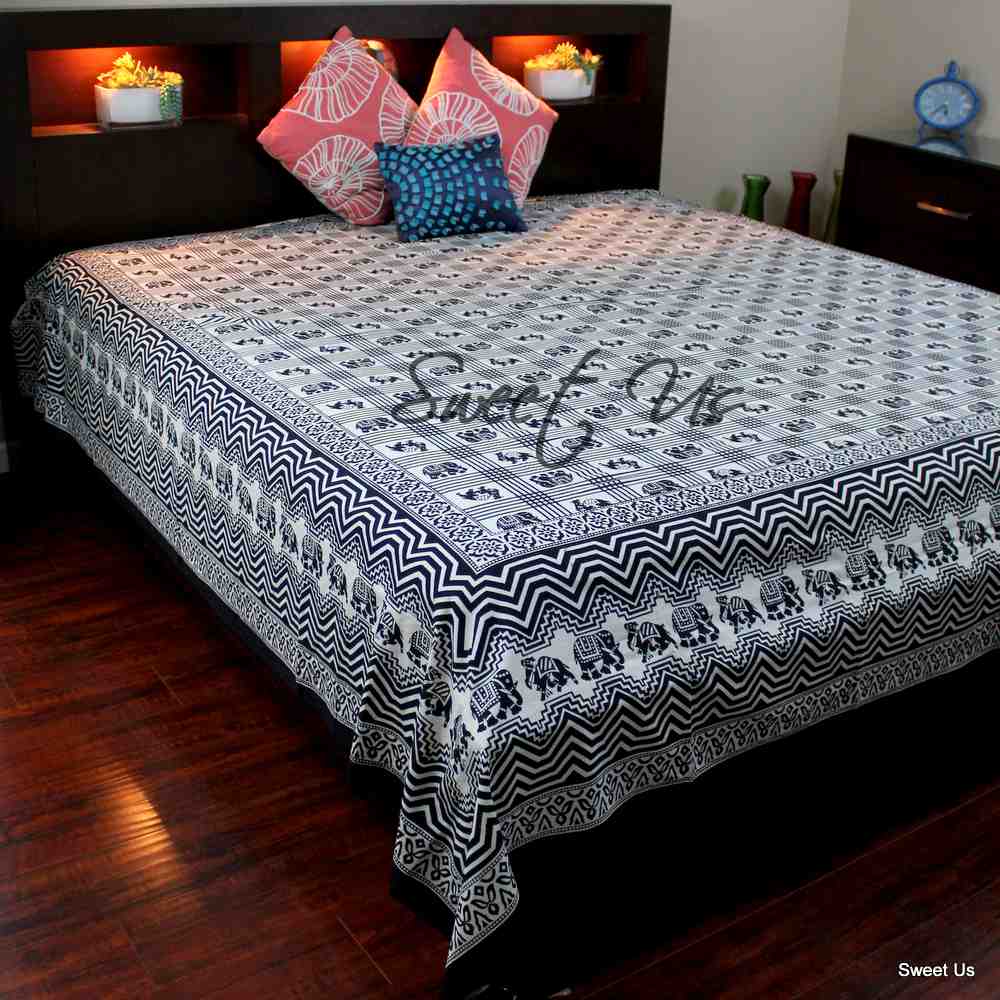 Cotton Elephant Geometric Floral Bedspread Bed sheet Queen Black White