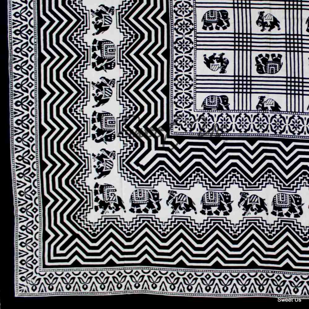 Cotton Elephant Geometric Floral Bedspread Bed sheet Queen Black White