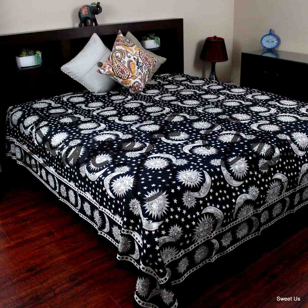 Cotton Celestial Tapestry Wall Hanging Sun Moon Star Bed Sheet Twin Black White - Sweet Us