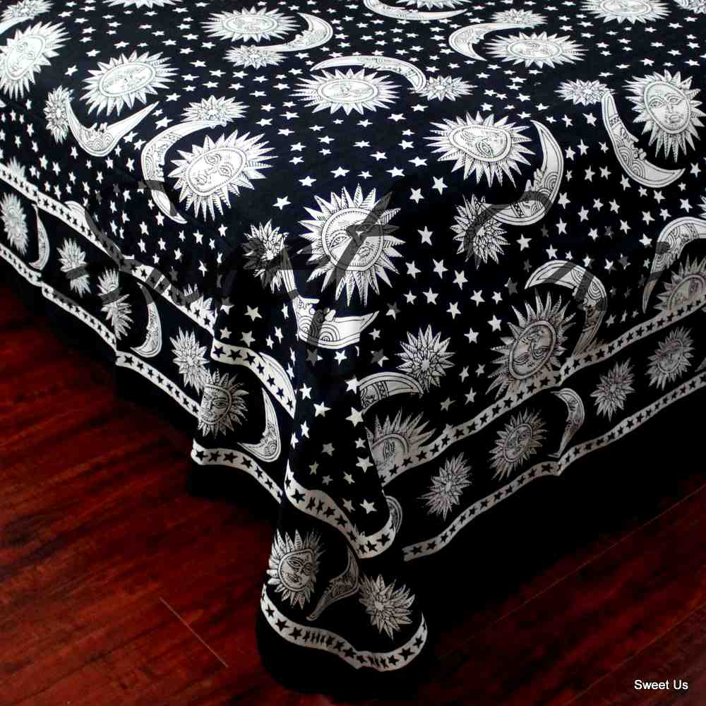 Cotton Celestial Tapestry Wall Hanging Sun Moon Star Bed Sheet Twin Black White - Sweet Us