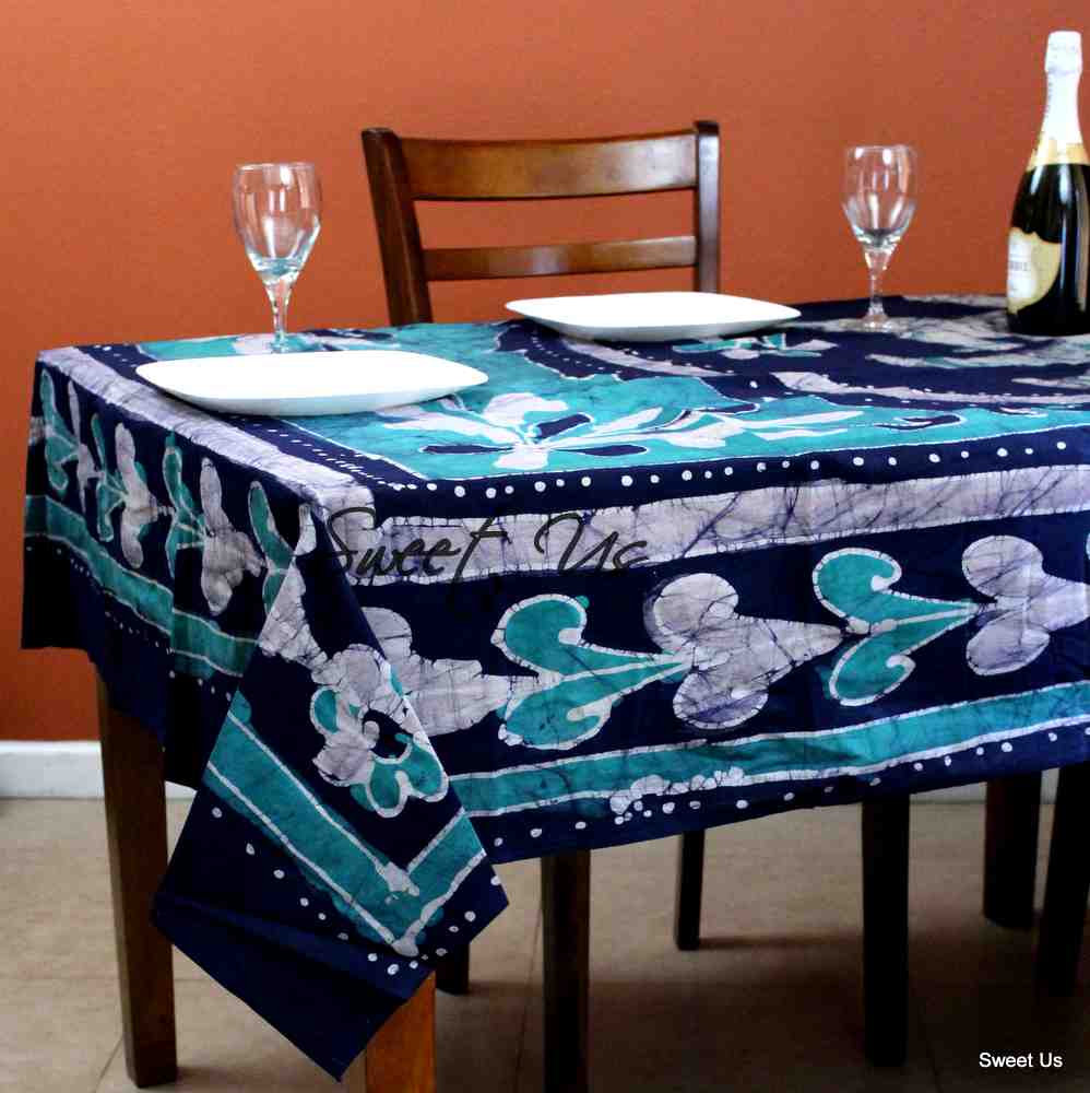 Cotton Batik Elephant Tablecloth Rectangle Blue Saffron Fabric Dining Linen