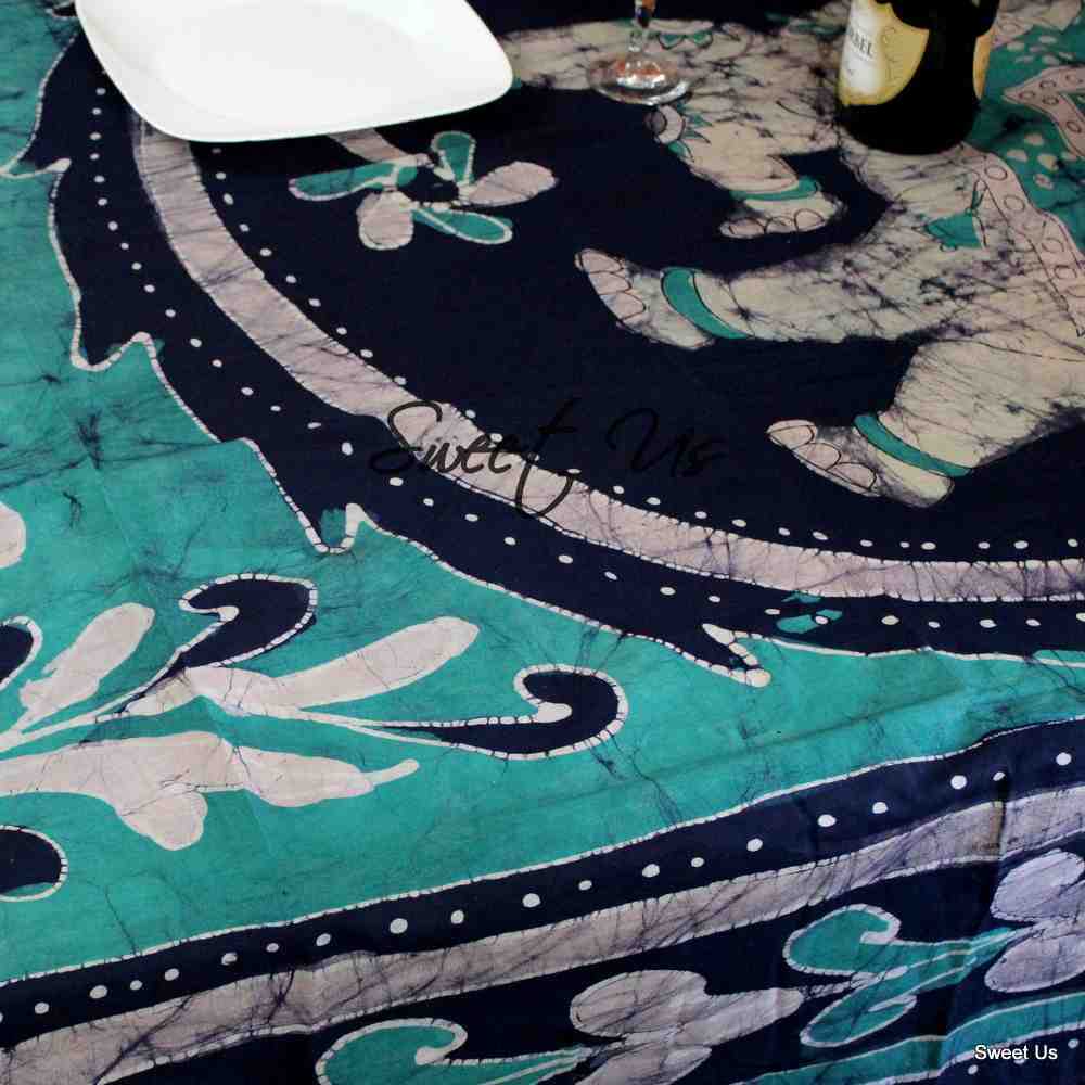 Cotton Batik Elephant Tablecloth Rectangle Blue Saffron Fabric Dining Linen