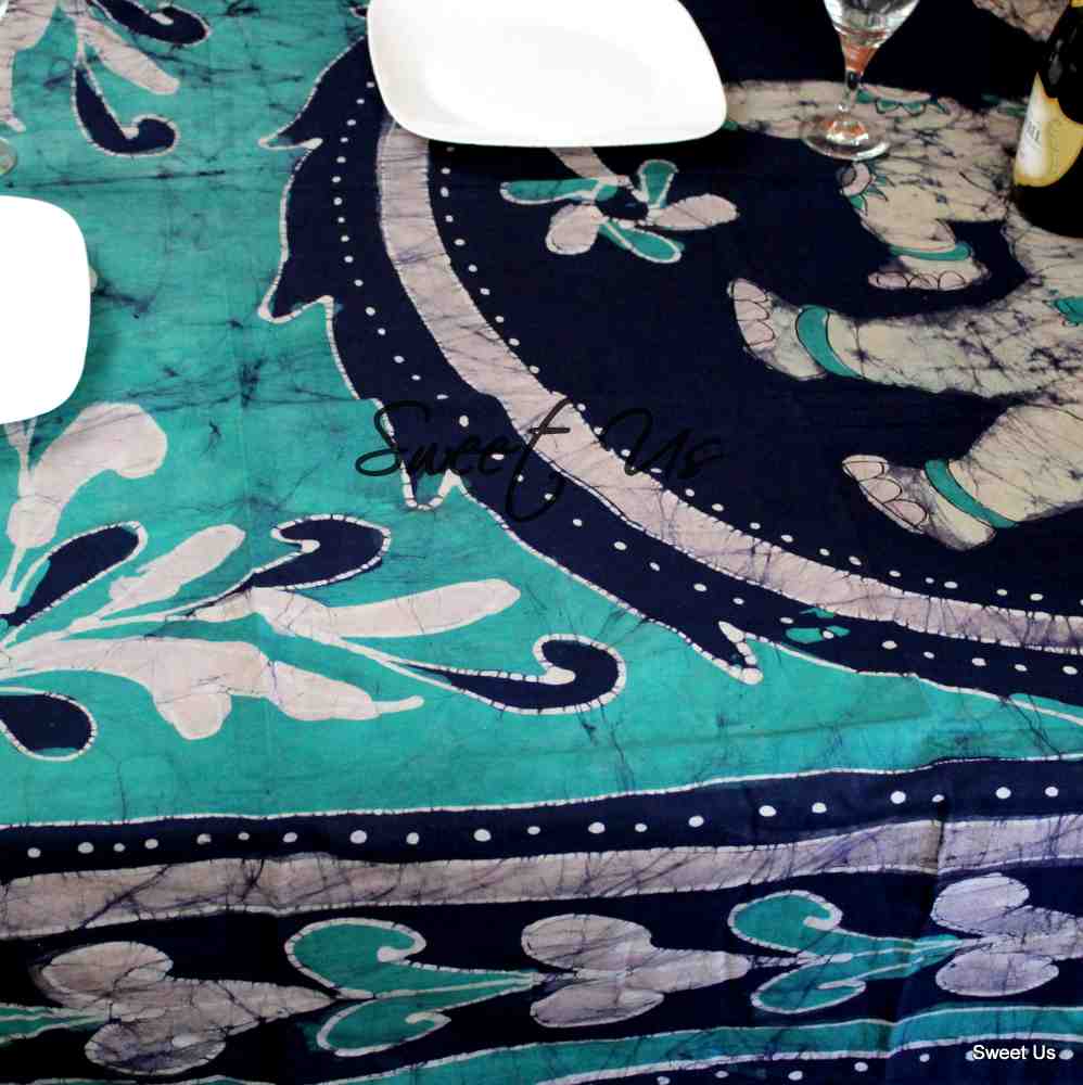 Cotton Batik Elephant Tablecloth Rectangle Blue Saffron Fabric Dining Linen