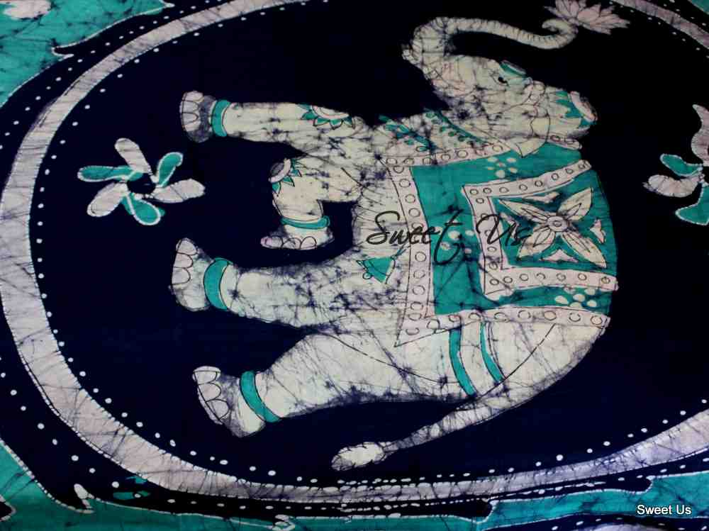Cotton Batik Elephant Tablecloth Rectangle Blue Saffron Fabric Dining Linen