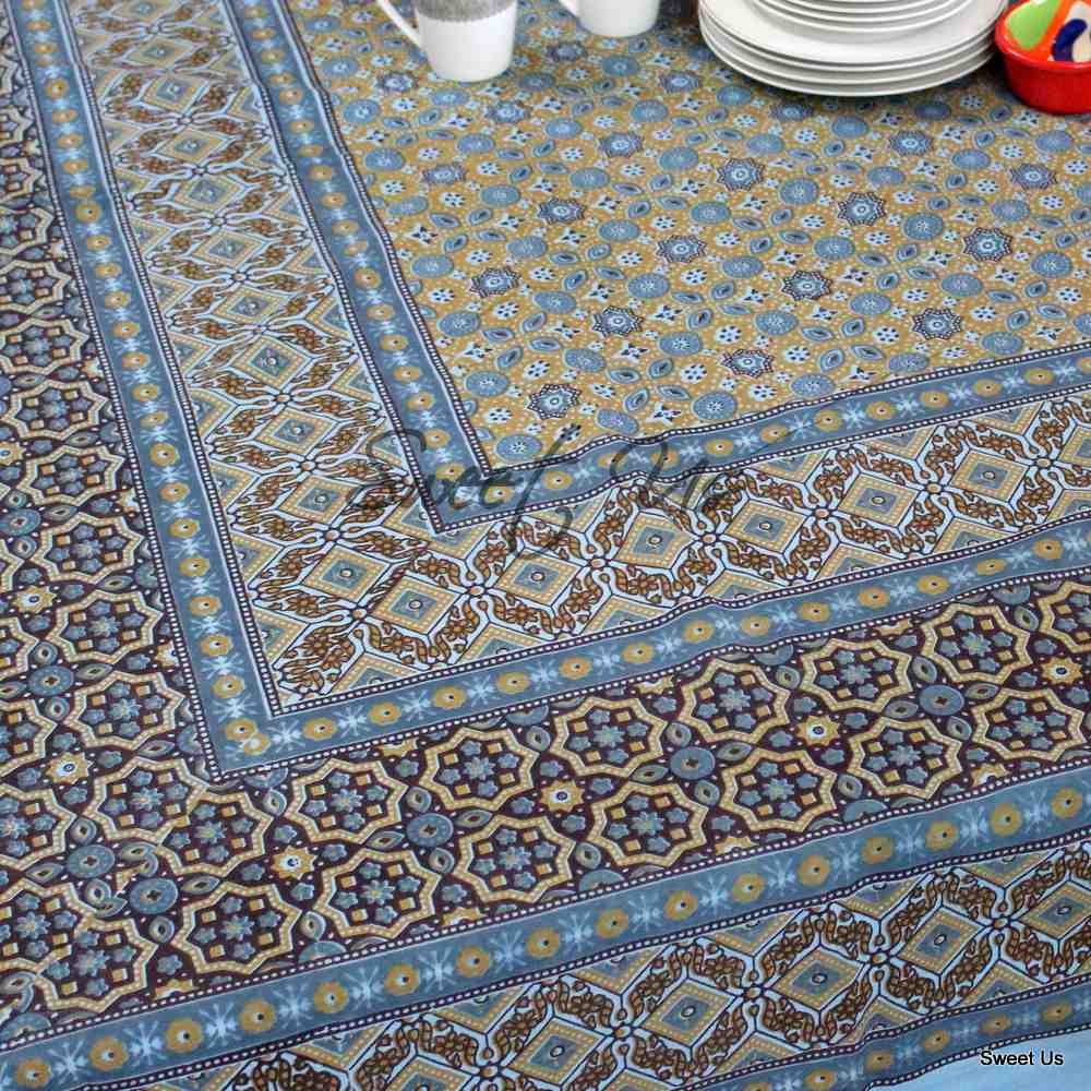 Cotton Geometric Tablecloth Rectangle Blue Gold Kitchen Dining Linen