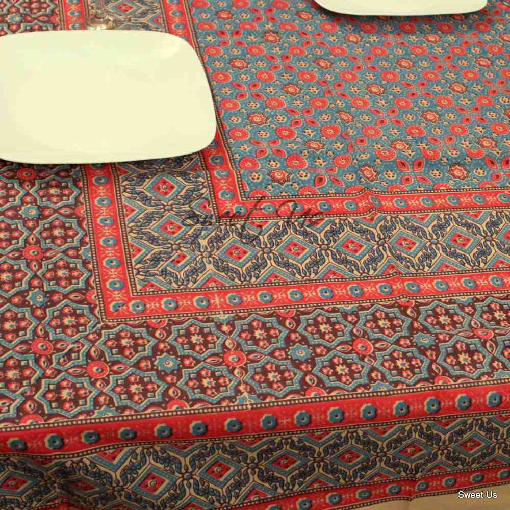 Cotton Geometric Tablecloth Rectangle Red Blue Pink Kitchen Linen